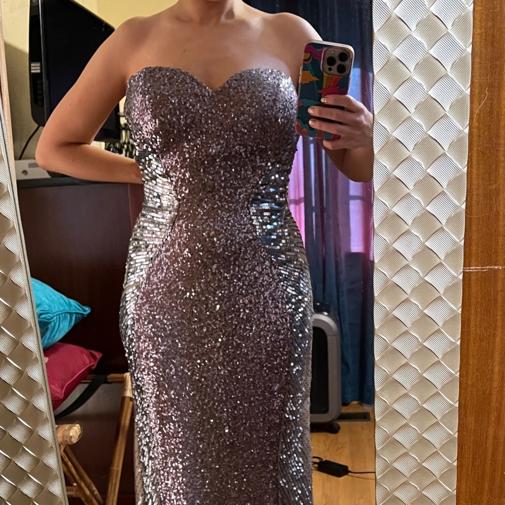 Tony Bowls Silver Sequin Beaded Gown